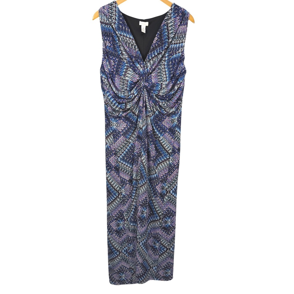 Chicos Blue Purple Geometric Twist Front Sleeveless V-Neck Maxi Dress Size 3 XL